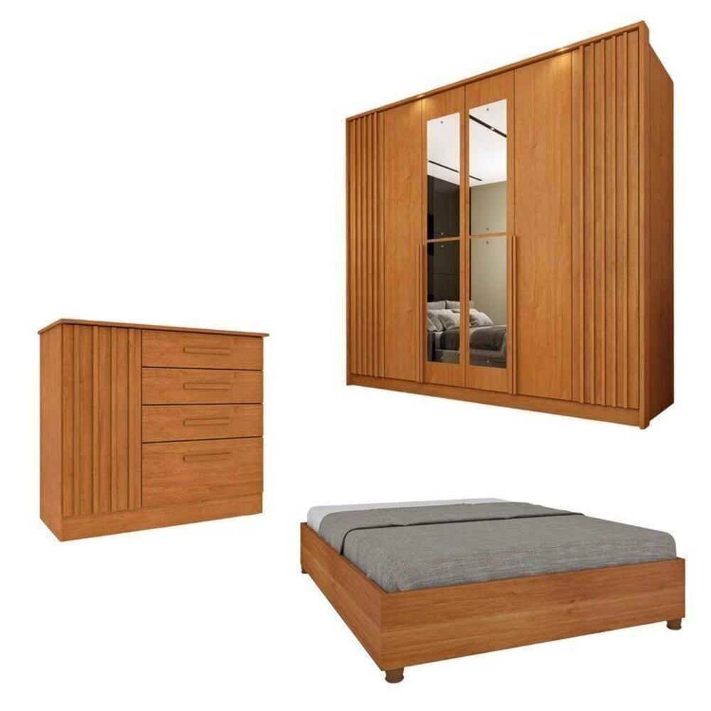 Miniatura Quarto Completo 1 Guarda-Roupa com Espelho 1 Cômoda Ripado Nova York e 1 Cama Casal Mônaco Espresso Móveis Cinamomo