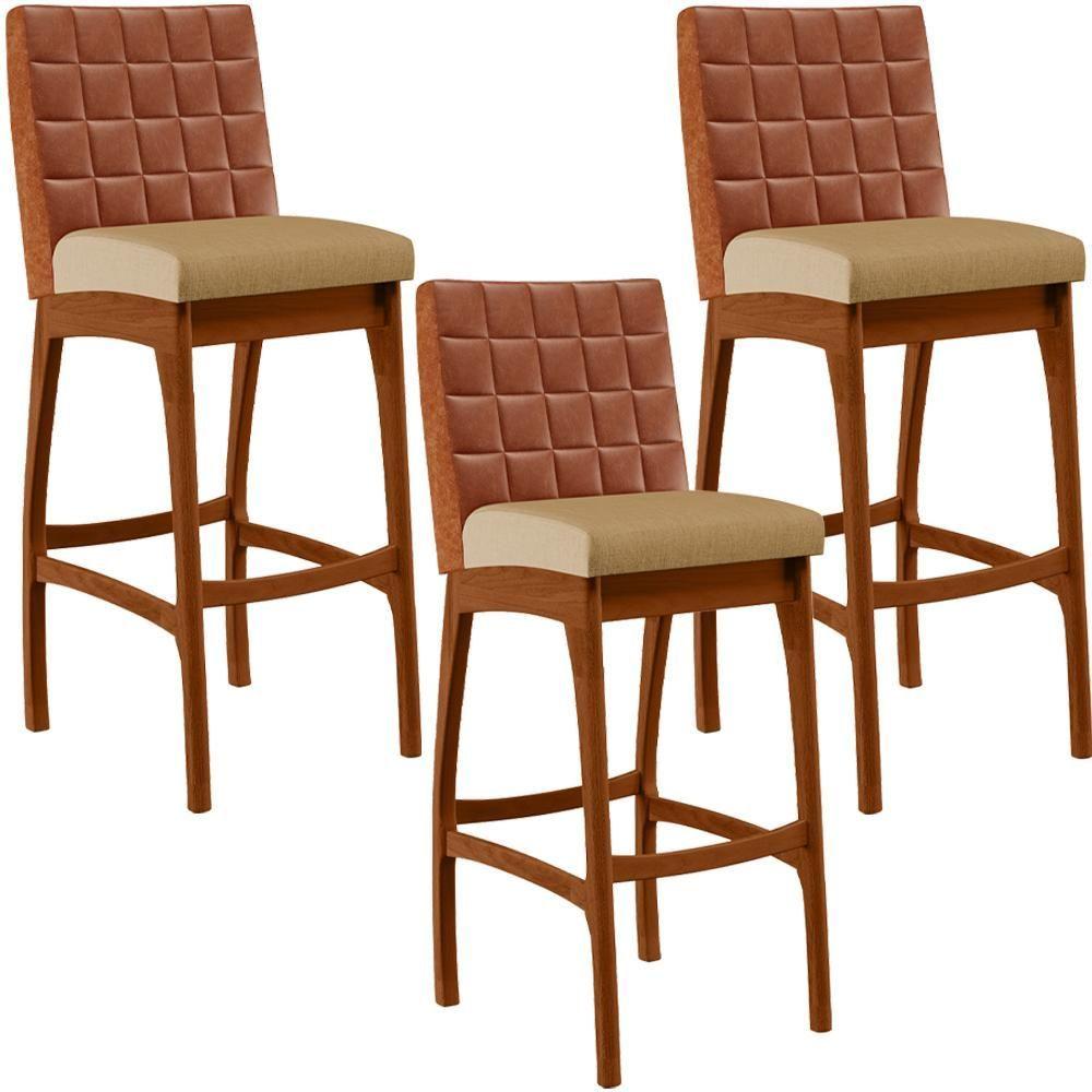 Miniatura Kit 03 Banquetas Altas Mila Camel Linho Bege Escuro