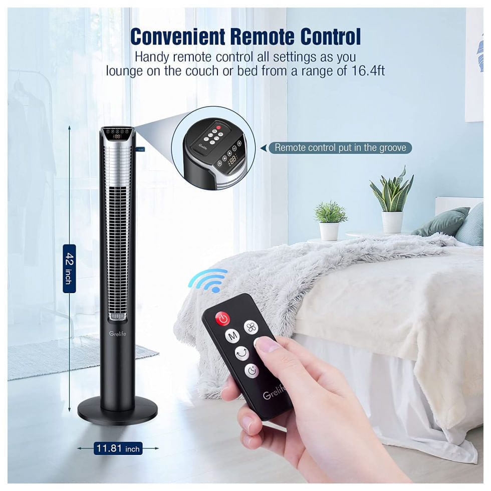 Miniatura Ventilador de Torre Grelife com Controle Remoto, 3 Modos e Temporizador de 12 Horas, 110V Preto