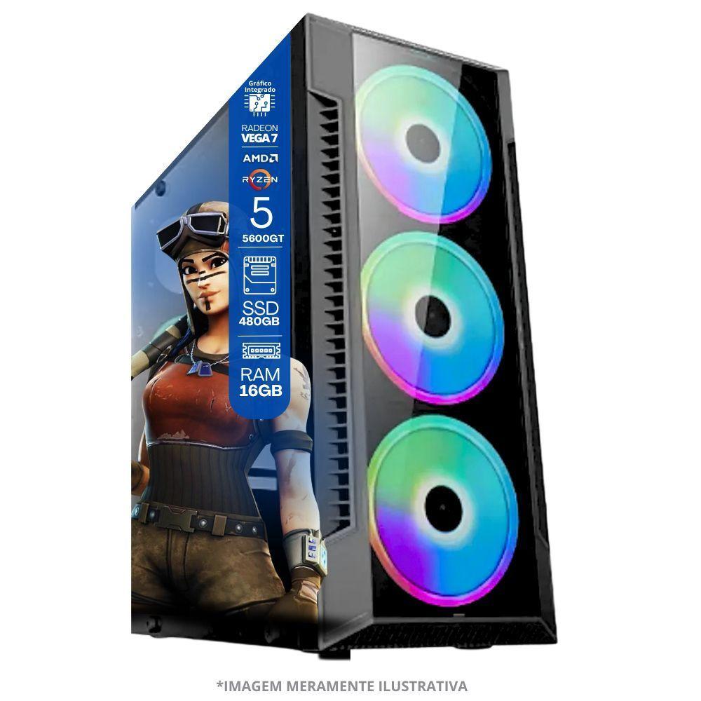 Miniatura Pc Gamer Amd Ryzen 5 5600gt, 16gb Ram, Placa De Video Radeon Vega 7, Ssd 480gb, Fonte 550w + Monitor 23" Led 75hz
