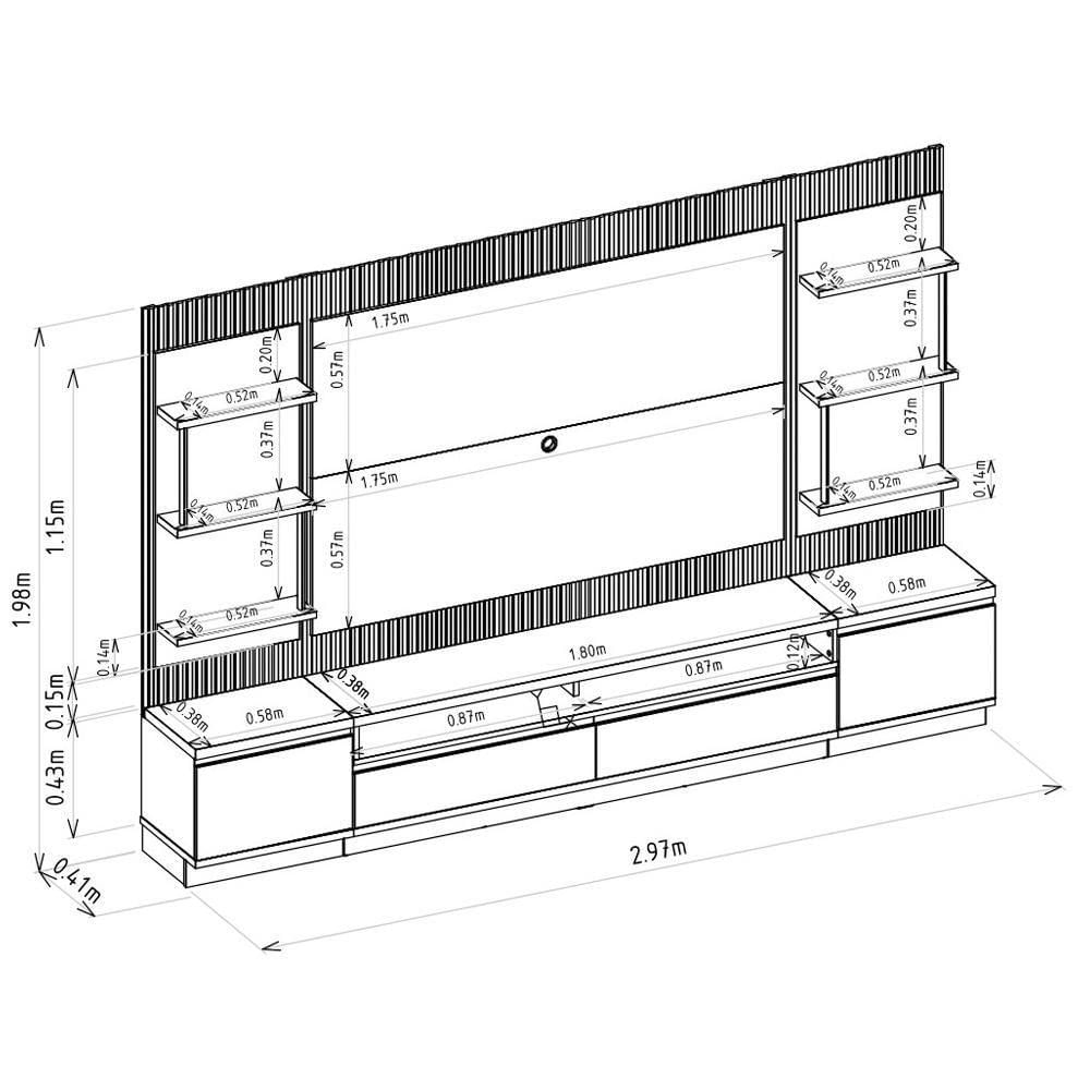 Painel E Bancada Rack Sala De Estar 297cm Madalena Modulado Led Ripado Tv Até 70 Tauari/off White G77 - Gran Belo