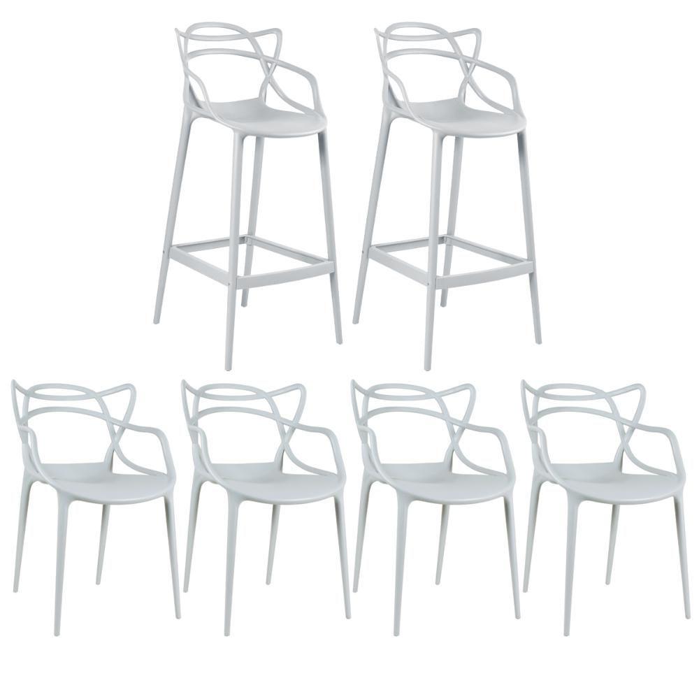 Miniatura Kit 4 Cadeiras + 2 Banquetas Altas Masters Allegra Cinza Claro