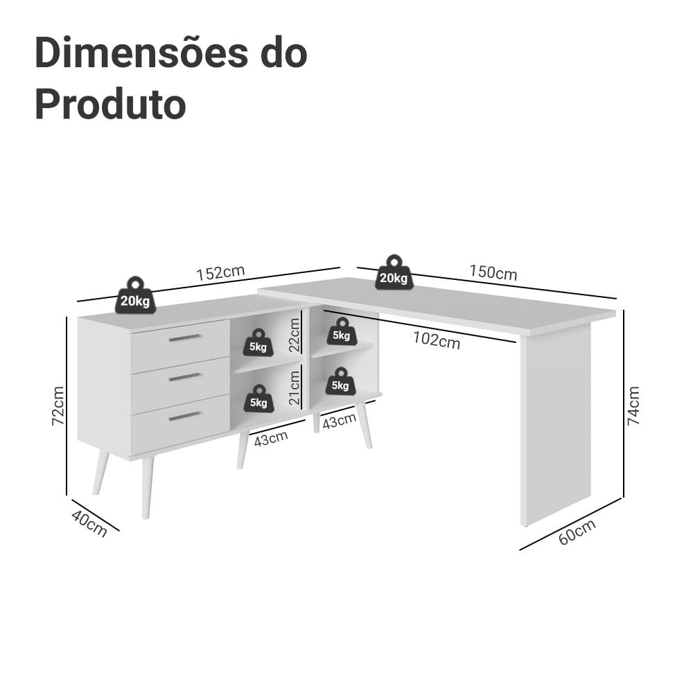 Miniatura Escrivaninha Em L Mesa Para Computador Gamer 3 Gavetas Lisboa Madesa Branco
