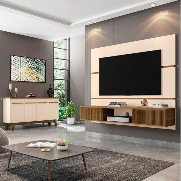 Miniatura Conjunto Painel Âmbar para TV até 65 Polegadas e Buffet Opala Pés de Madeira Móveis Bechara Off White/Cinamomo