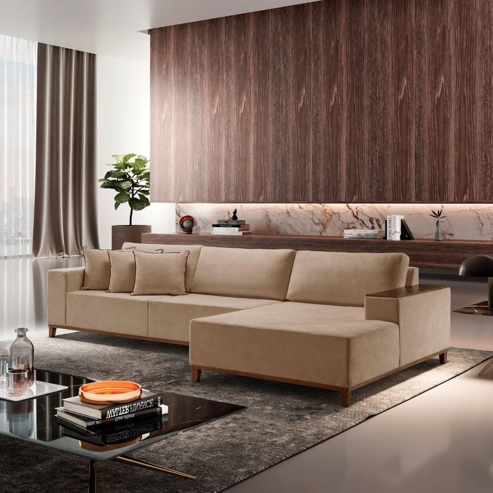 Miniatura Sofá com Chaise 4 Lugares Linho 270 Cm Grécia Cinza