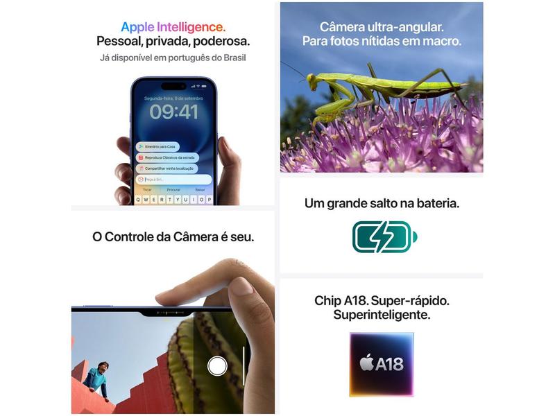 Apple iPhone 16 128GB Preto 6,1" 48MP iOS 5G iPhone 16 - Tela 6,1"