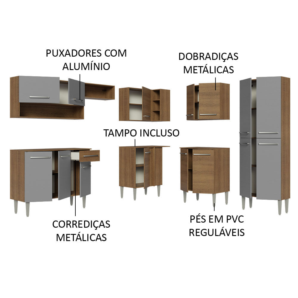 Miniatura Armário de Cozinha Completa de Canto 417cm Rustic/Cinza Emilly Madesa 02 Cor:Rustic/Cinza