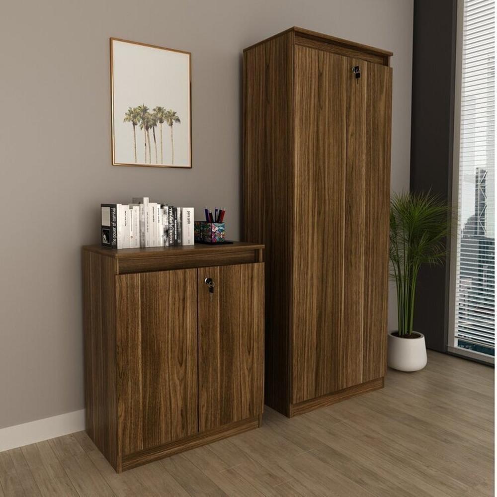 Kit 2 Peças Armário Escritório com 2 Portas com Chave, Balcão para Escritório com Chave e 2 Portas