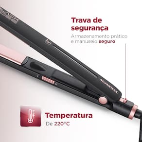 Chapinha | Prancha Mondial P-27 com Chapas de Cerâmica 220°C com Emissão de Íons Black Rose - Bivolt