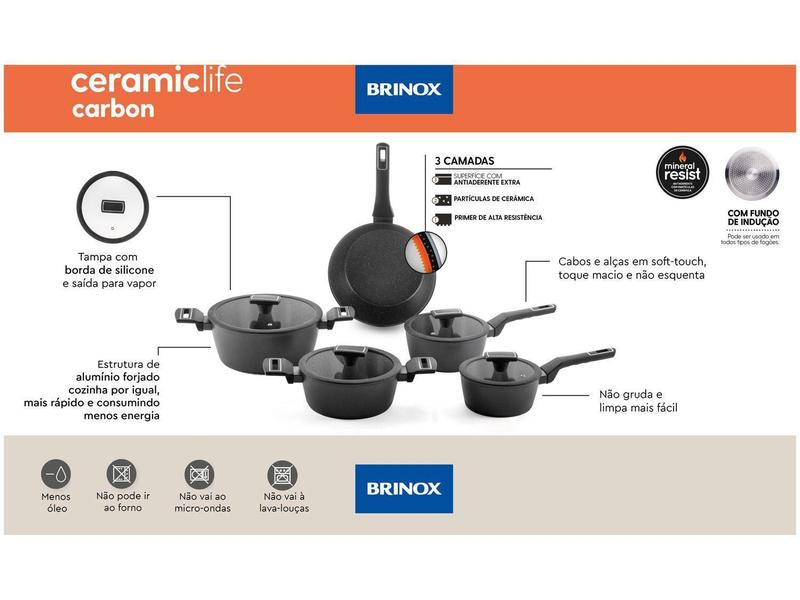 Jogo de Panelas Brinox Revestimento Cerâmico Preto 5 Peças Carbon Ceramic Life