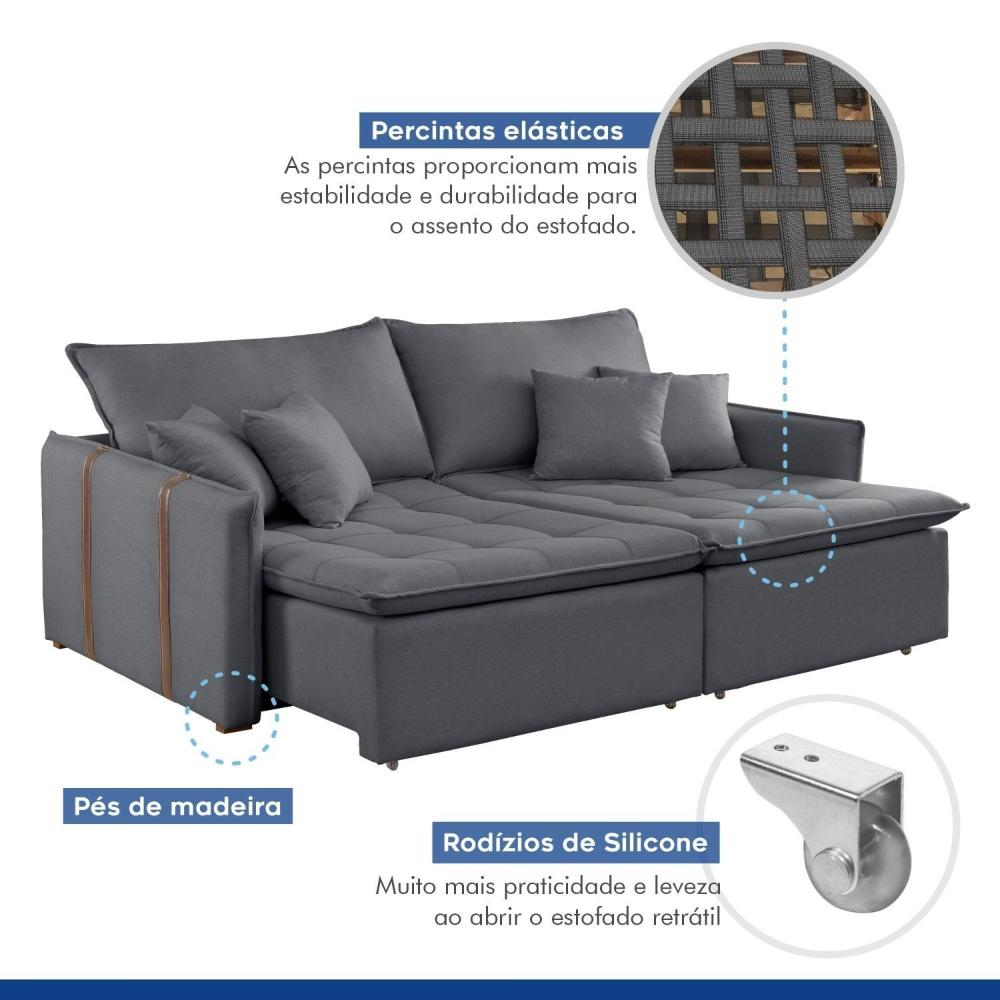Miniatura Sofa Cama Retratil e Reclinavel 220cm Detroid Yescasa Cinza