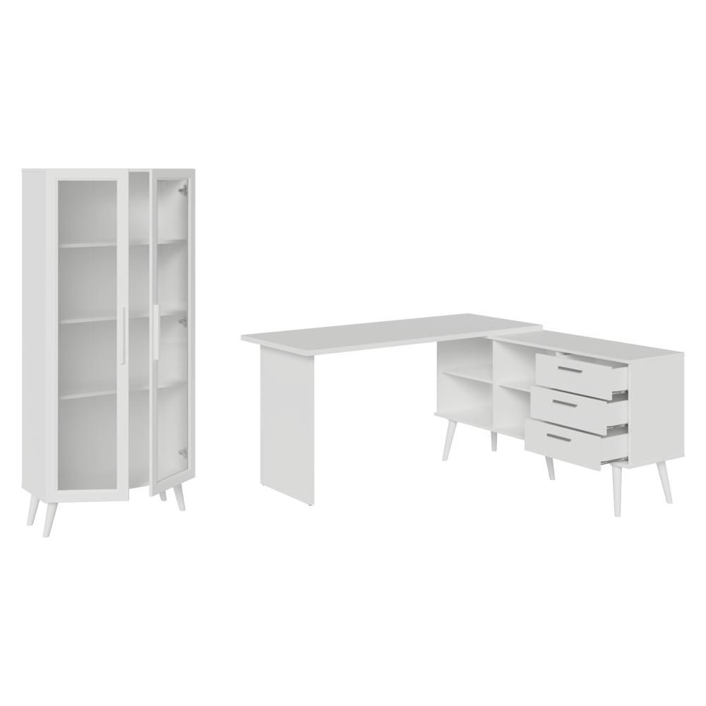 Kit 2 Peças com Escrivaninha em L 3 Gavetas e Armário Multiuso com Vidro Branco Madesa Branco