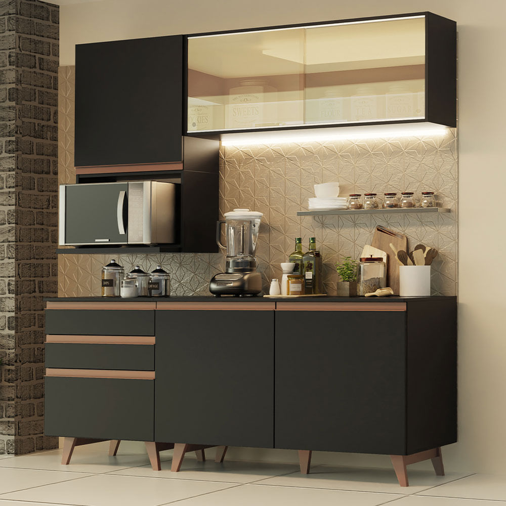 Miniatura Cozinha Completa Madesa Reims 180002 com Armário e Balcão Preto Cor:Preto