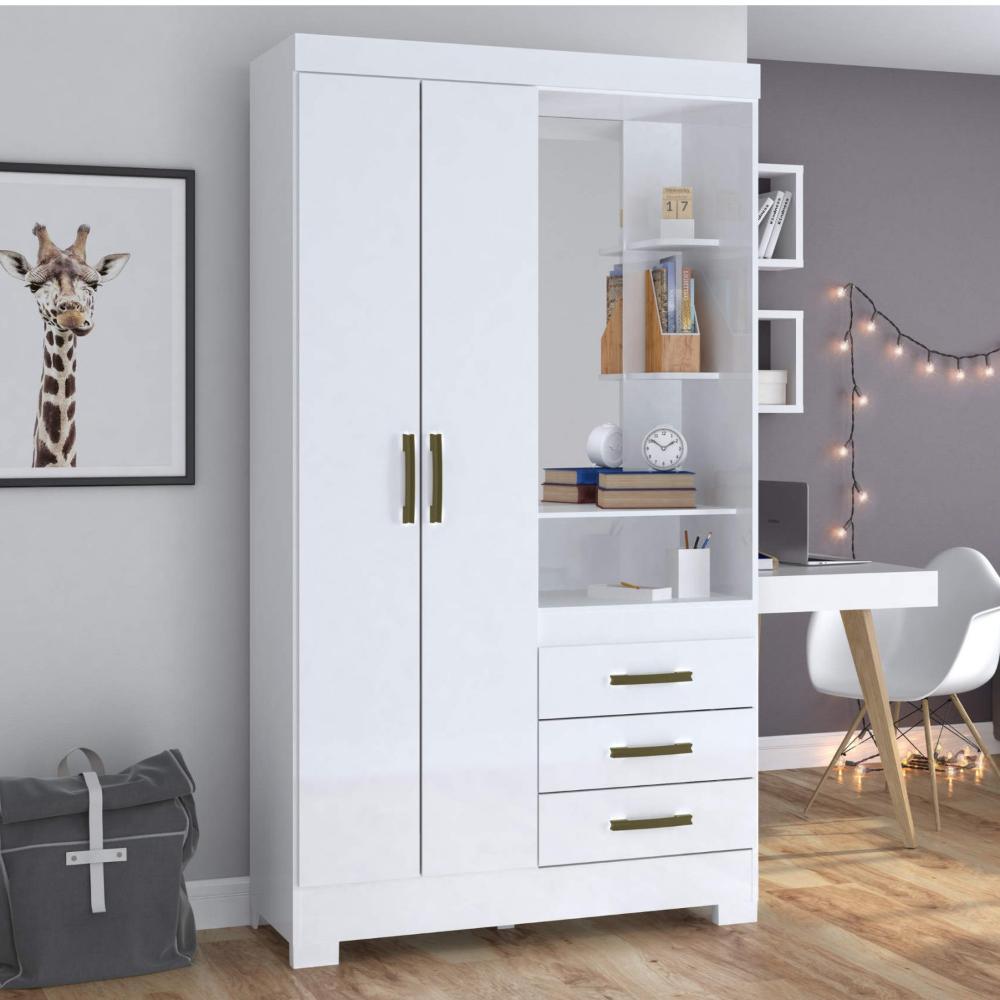 Miniatura Guarda Roupa Solteiro com Espelho Penteadeira 2 Portas 3 Gavetas Azura Espresso Móveis Branco