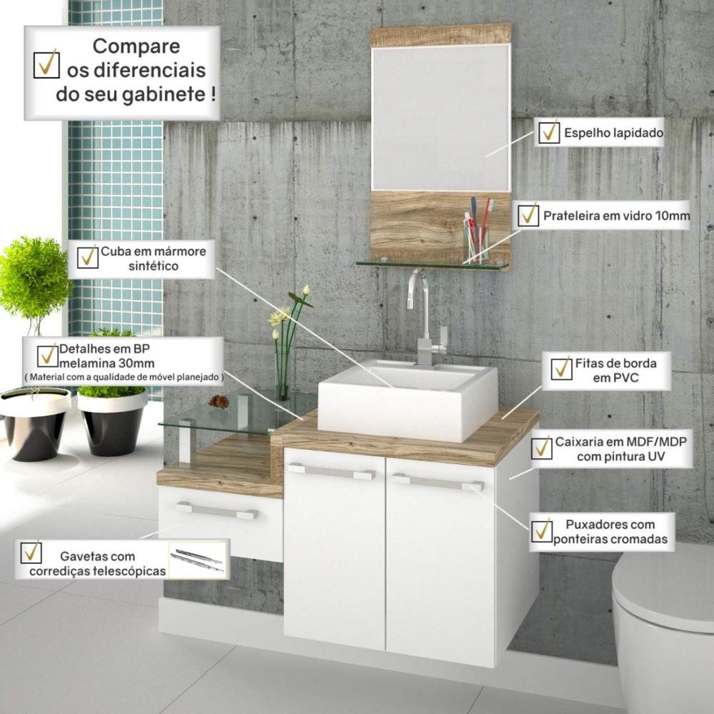 Gabinete para Banheiro 2 Portas 1 Gaveta com Cuba Q35 e Espelheira Legno 831W Espresso Móveis Branco/Carvalho