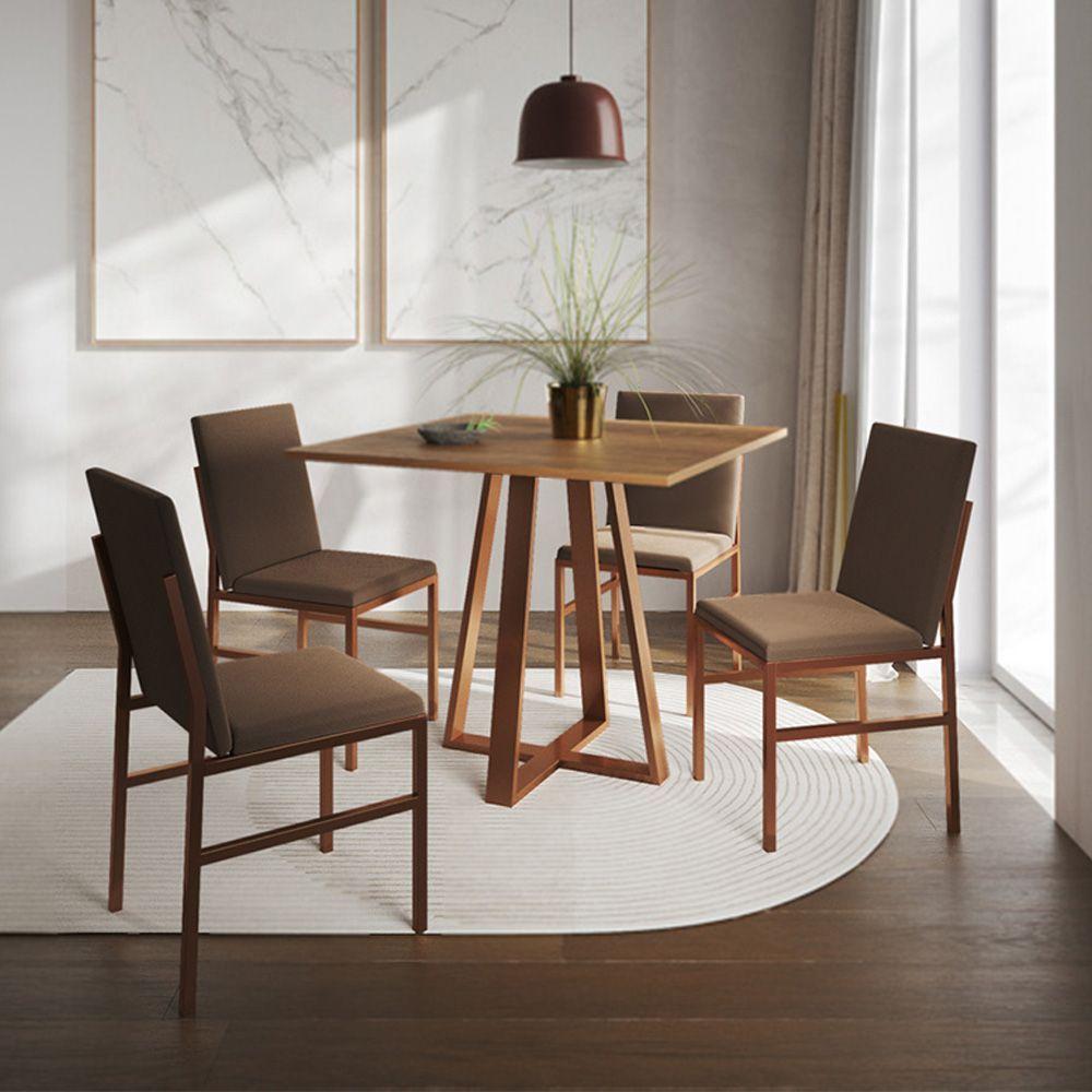 Miniatura Conjunto De Jantar Mesa Mônaco 90cm Tampo Imbuia Com 4 Cadeiras Marrom Base Cobre Preto