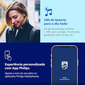 Miniatura Fone de Ouvido Philips TAT2500BK/00 Bluetooth Cancelamento de Ruído Intra-Auricular TWS 24h Bateria Preto