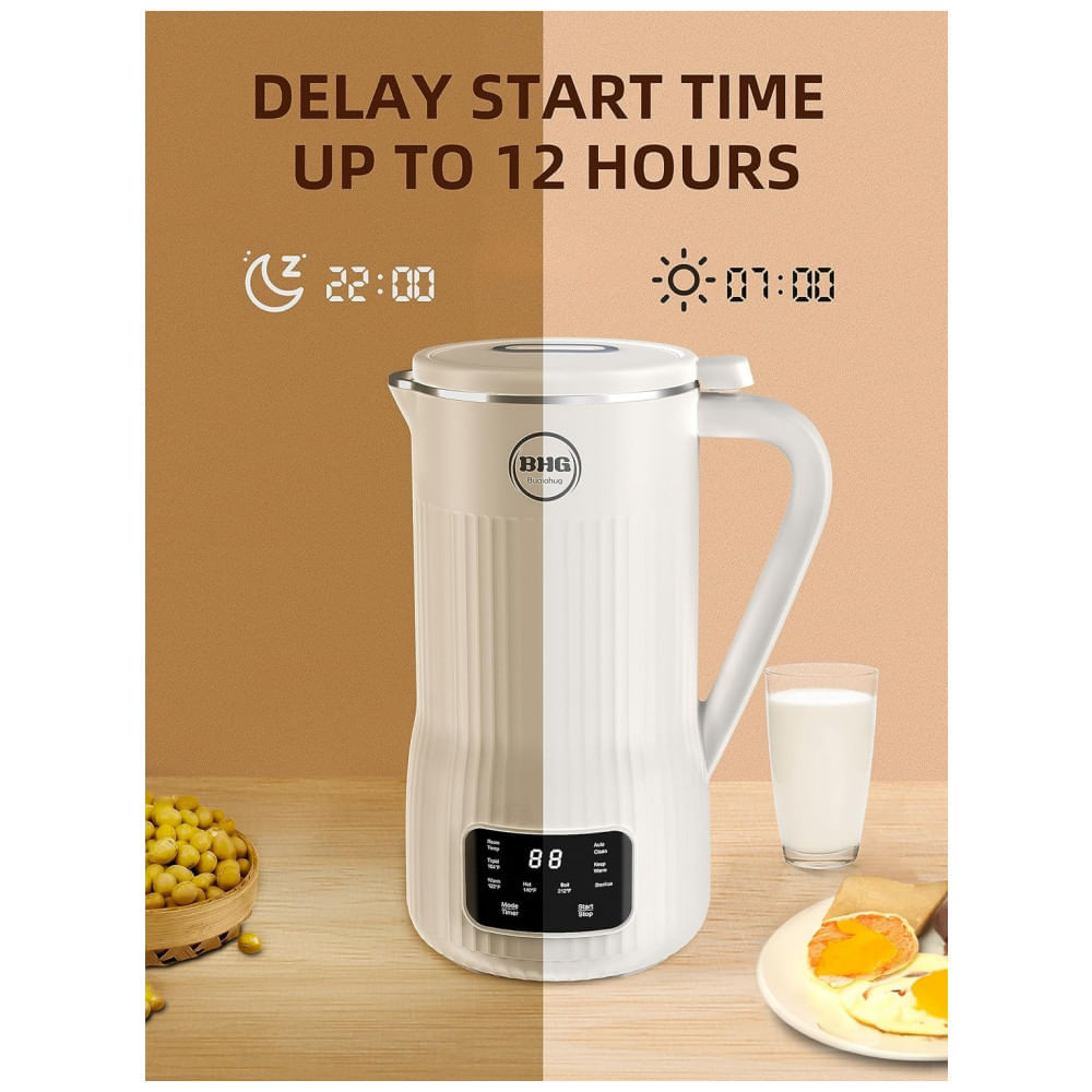Máquina de Leite Vegetal Automática 600mL com 10 Lâminas, Temporizador 12H e Limpeza Automática, BUAIAHUG, Branca