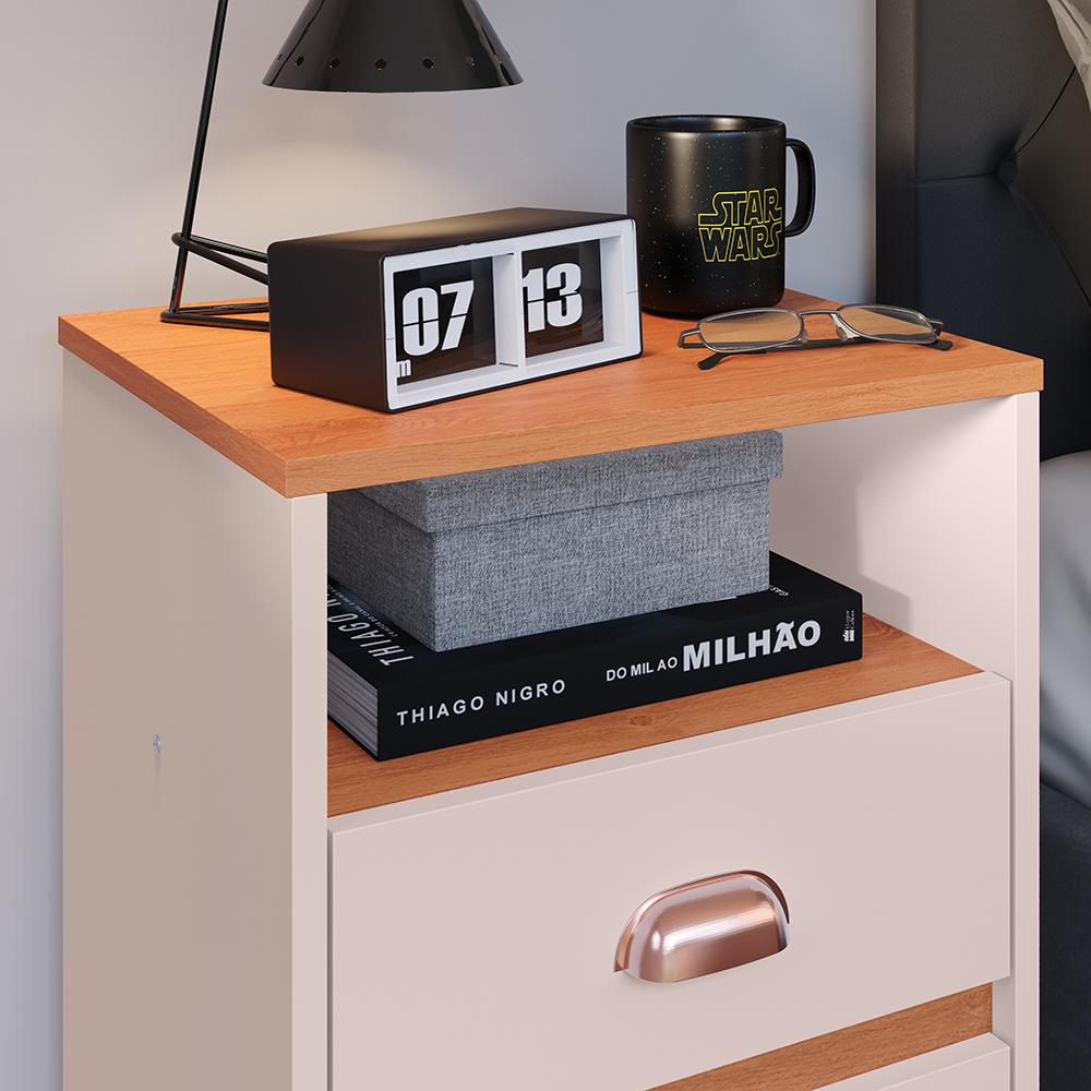 Miniatura Cabeceira Estofada Modular Box Casal 1,40 Julia Bege Jogo 2 Mesinha Pequena Gaveta Nicho Canto Lateral Cama Off White/Cinamomo Classic New-RPM