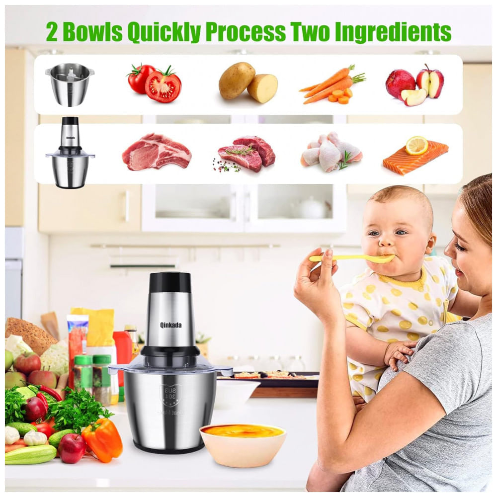 Miniatura Processador de Alimentos Multifuncional 3,5 Litros com 3 Velocidades e 2 Tigelas de Aço Inoxidável, 110V 500W, Qi...