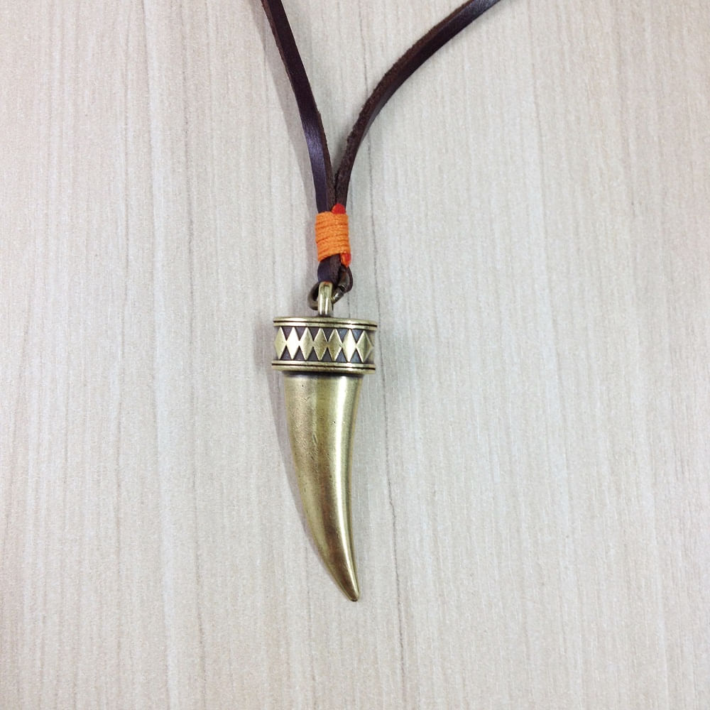 Miniatura Colar Masculino Tribal Couro Trançado Dente Presa
