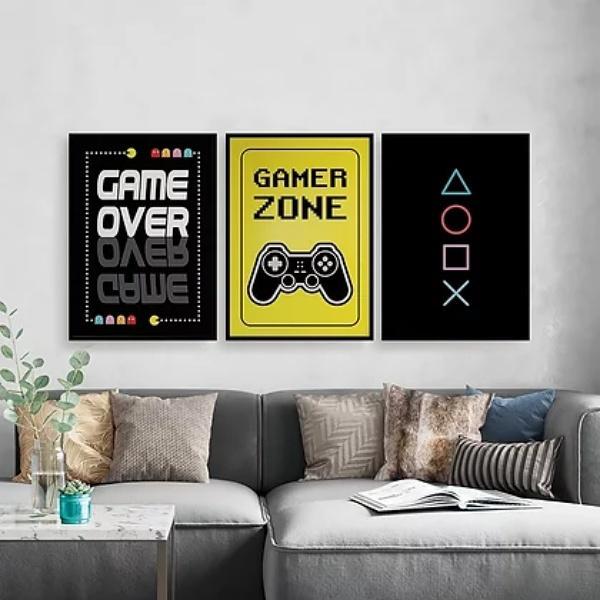 Miniatura Kit Quadros Gamer Game Over 24X18Cm 3 Peças