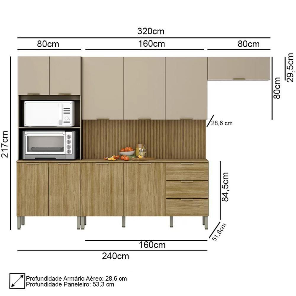 Miniatura Armário De Cozinha 4 Peças Charm03 Balcão Com Tampo 160cm K02 Freijó/vanilla - Mpozenato