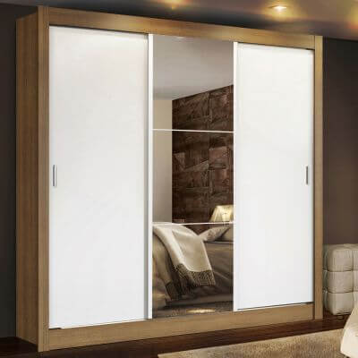 Miniatura Guarda Roupa Casal Madesa Lyon Plus 3 Portas de Correr com Espelho 4 Gavetas Rustic/Branco Cor:Rustic/Branco