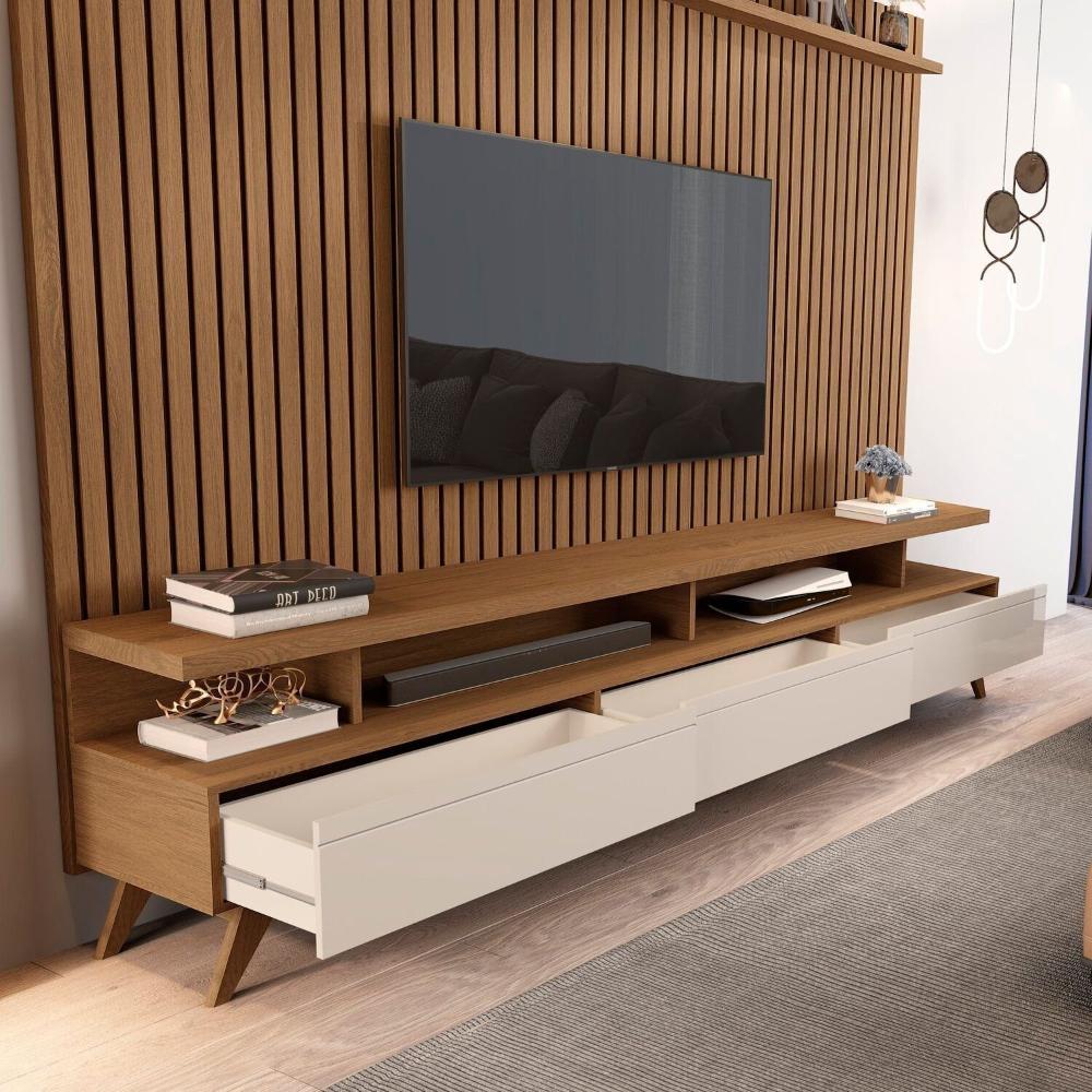 Miniatura Rack com Painel para Tv 86 Polegadas Pés em Madeira Maciça Vivare Freijó/Off White