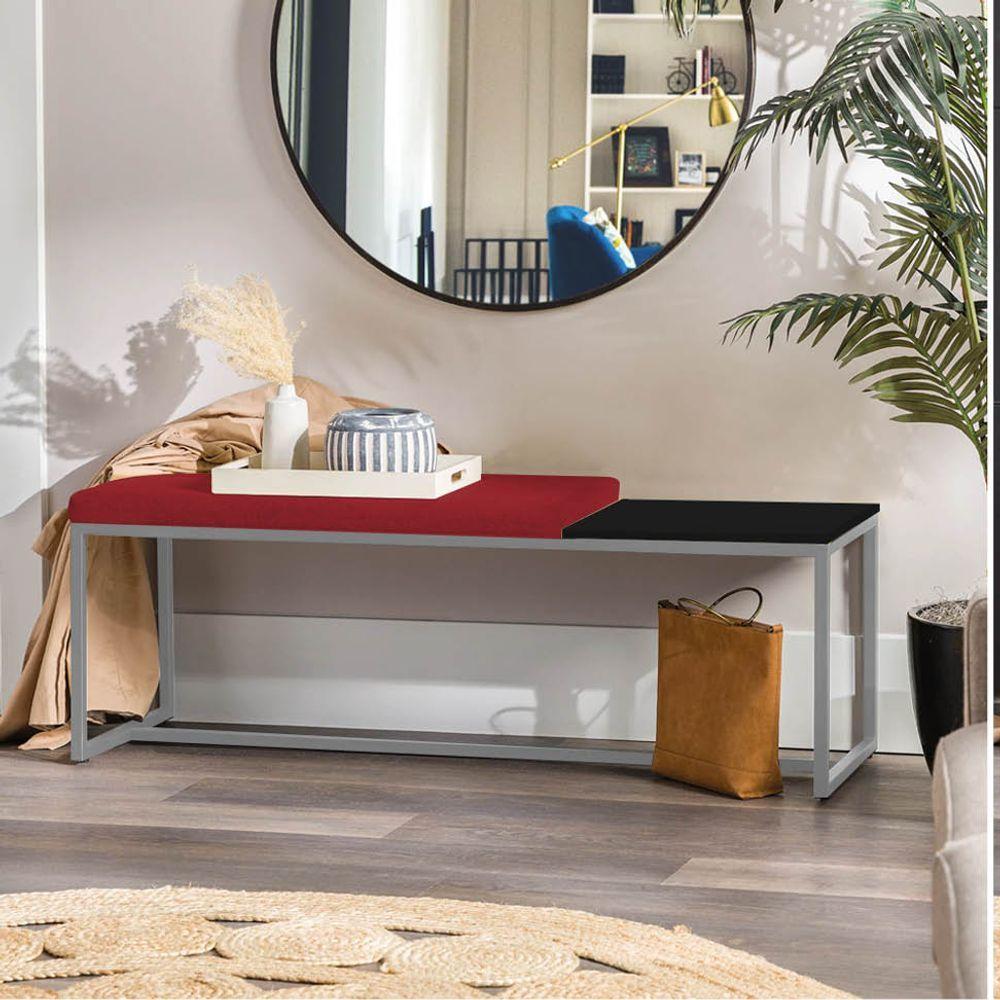 Miniatura Banco Recamier Puff 160cm Industrial Cinza Suede Vermelho Tampo Quadrado Preto