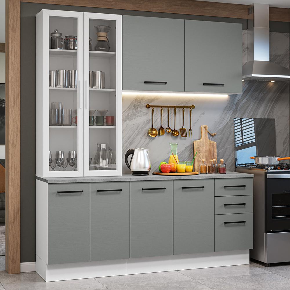 Miniatura Armário de Cozinha Compacta 190cm com Cristaleira Branco/Cinza Agata Madesa 01 Branco/Cinza