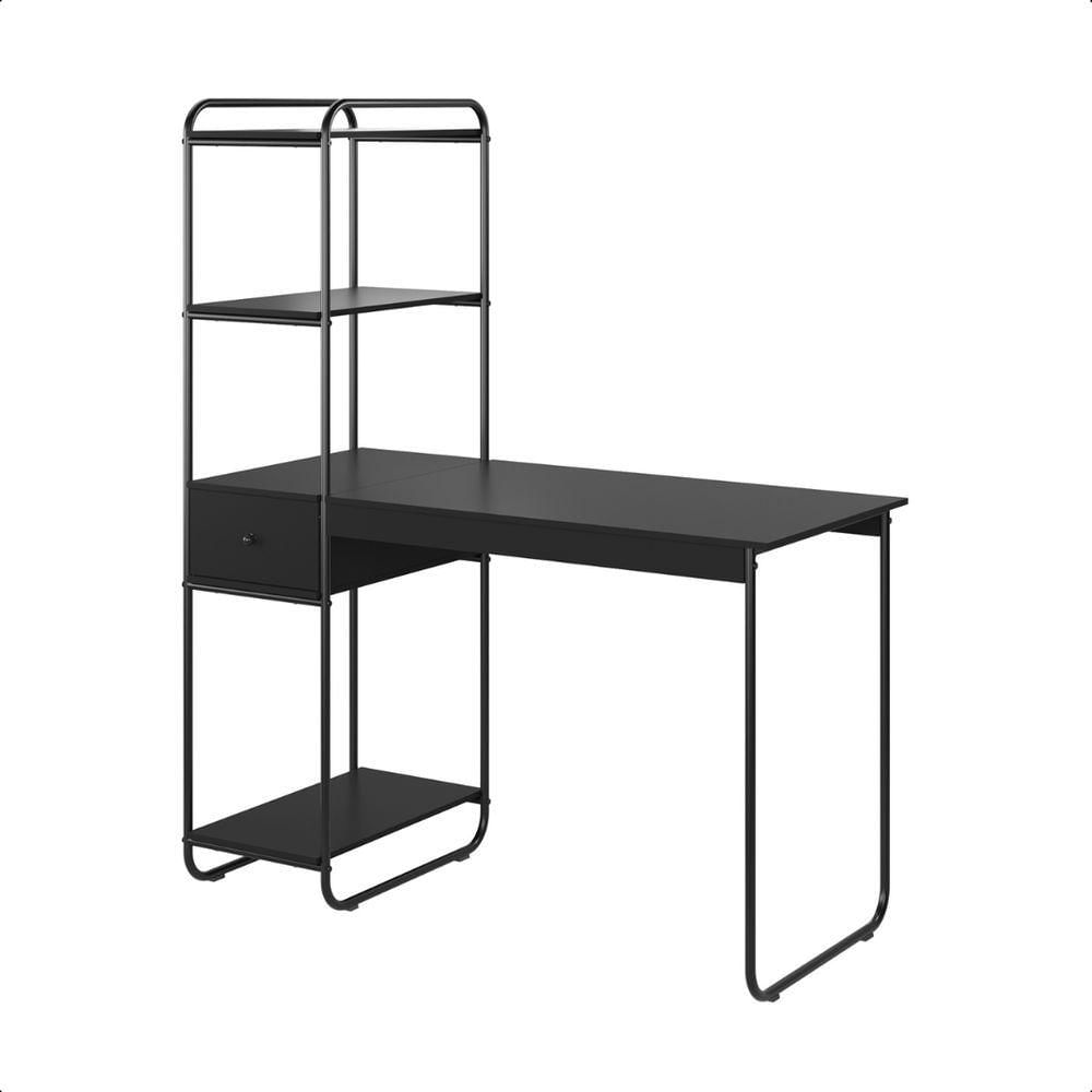 Mesa Escrivaninha Industrial Escritório Com Prateleira Lateral Criare Preto