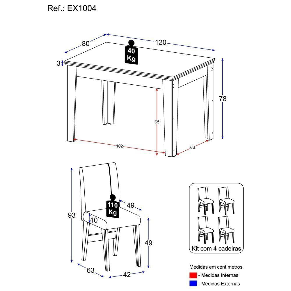 Miniatura Conjunto Mesa De Jantar 120 Cm Com 4 Cadeiras Tokio Multimóveis Ex1004 Madeirado/Off White/Castor