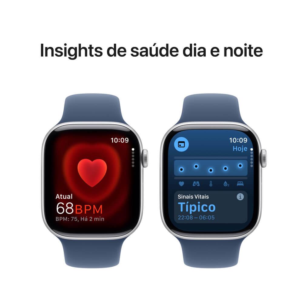 Miniatura Apple Watch Series 10 GPS + Cellular • Caixa prateada de alumínio – 46 mm • Pulseira esportiva denim – P/M