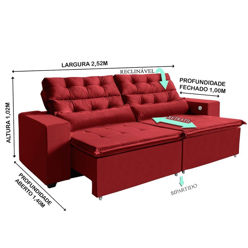 Miniatura Sofá 4 Lugares Retrátil 2,52m 3 Portas Usb Vermelho