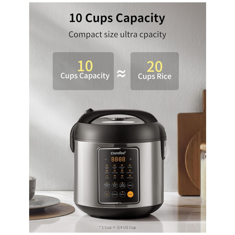 Miniatura Panela de Arroz COMFEE, Multi Cooker de Aço Inoxidável 14 em 1, 5,3 litros, 20 porções cozidas, Fogão Lento, Cozinheiro a Vapor e mais!