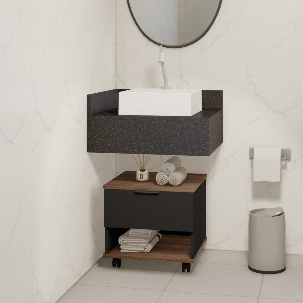 Miniatura Gabinete para Banheiro com Rodízios 45cm 1 Gaveta 1 Nicho Etta Estilare Preto/Amadeirado