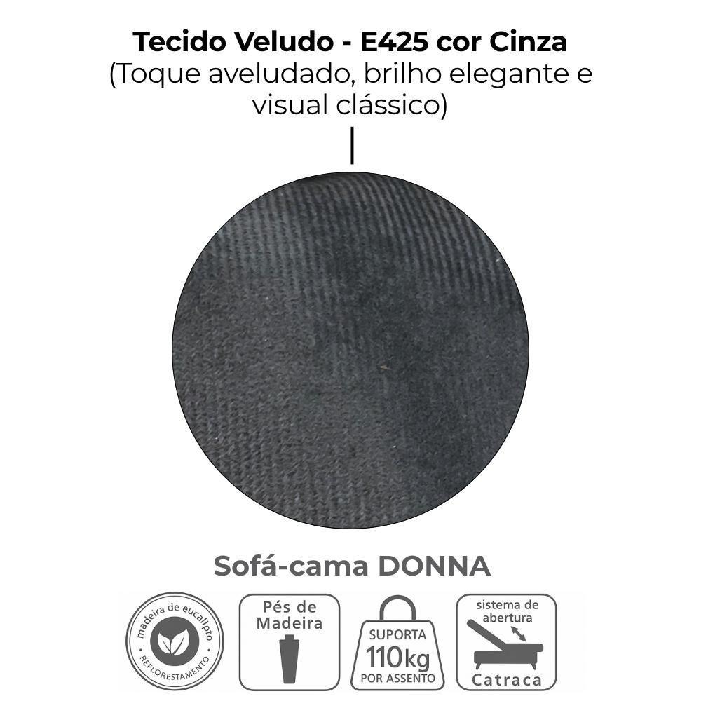 Sofa Cama 2 Lugares 206cm Donna Veludo E425 Milani Store Cinza