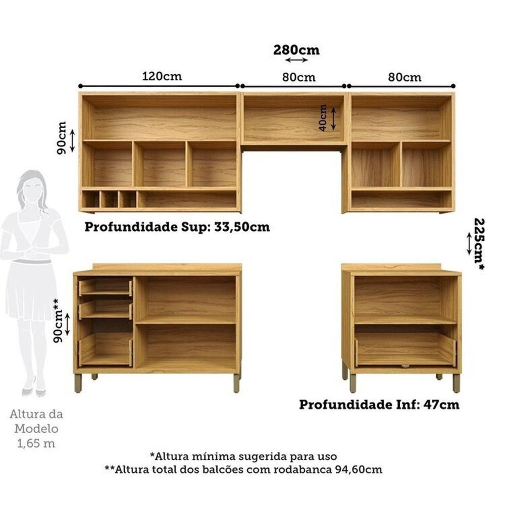 Miniatura Cozinha Modulada Completa 5 Peças 8 Portas e Vidro Reflecta 280cm 100% MDF Vicenza Espresso Móveis Amêndoa/Chumbo