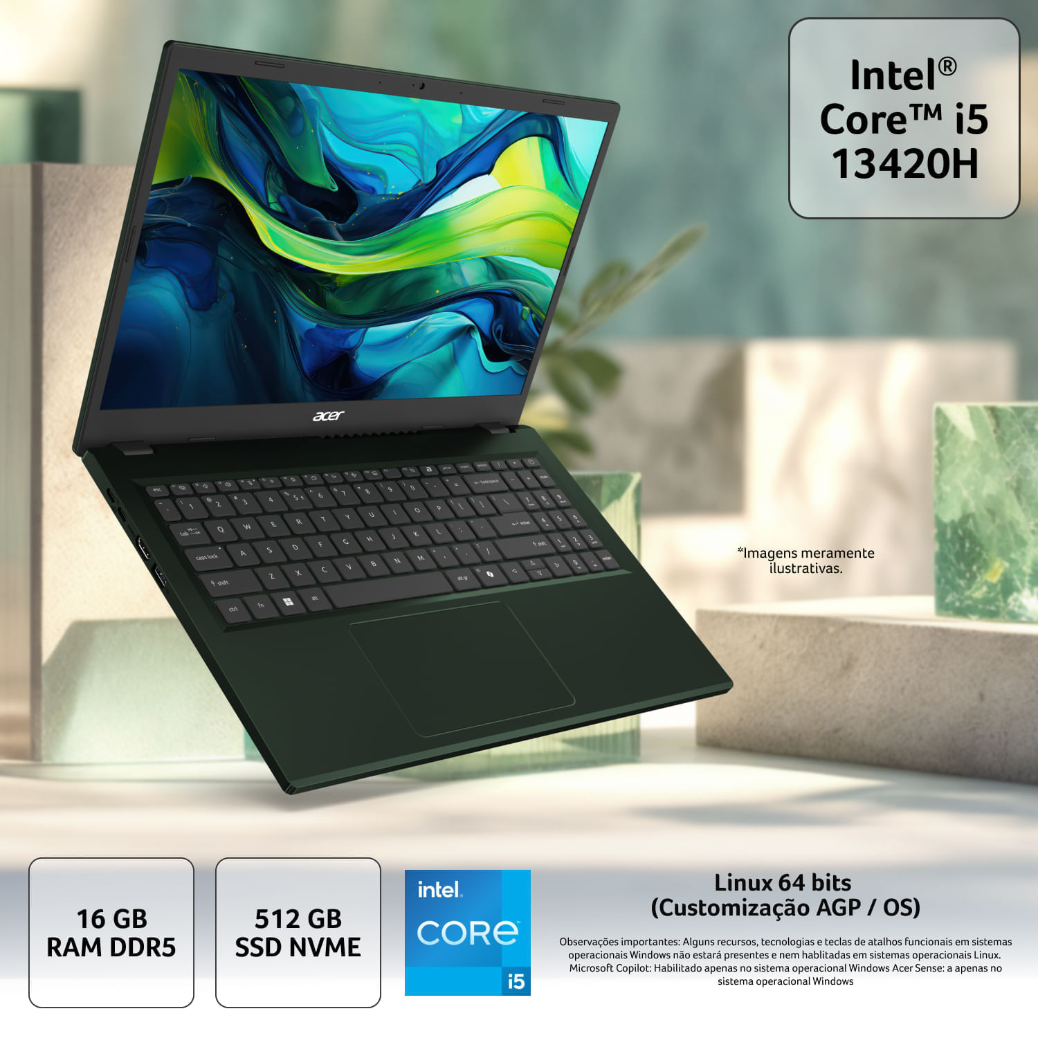 Notebook Acer Aspire GO 15 AG15-71P-53D9 Intel® Core™ i5-13420H de 13ªG 16GB RAM 512GB SSD Linux 15.6”