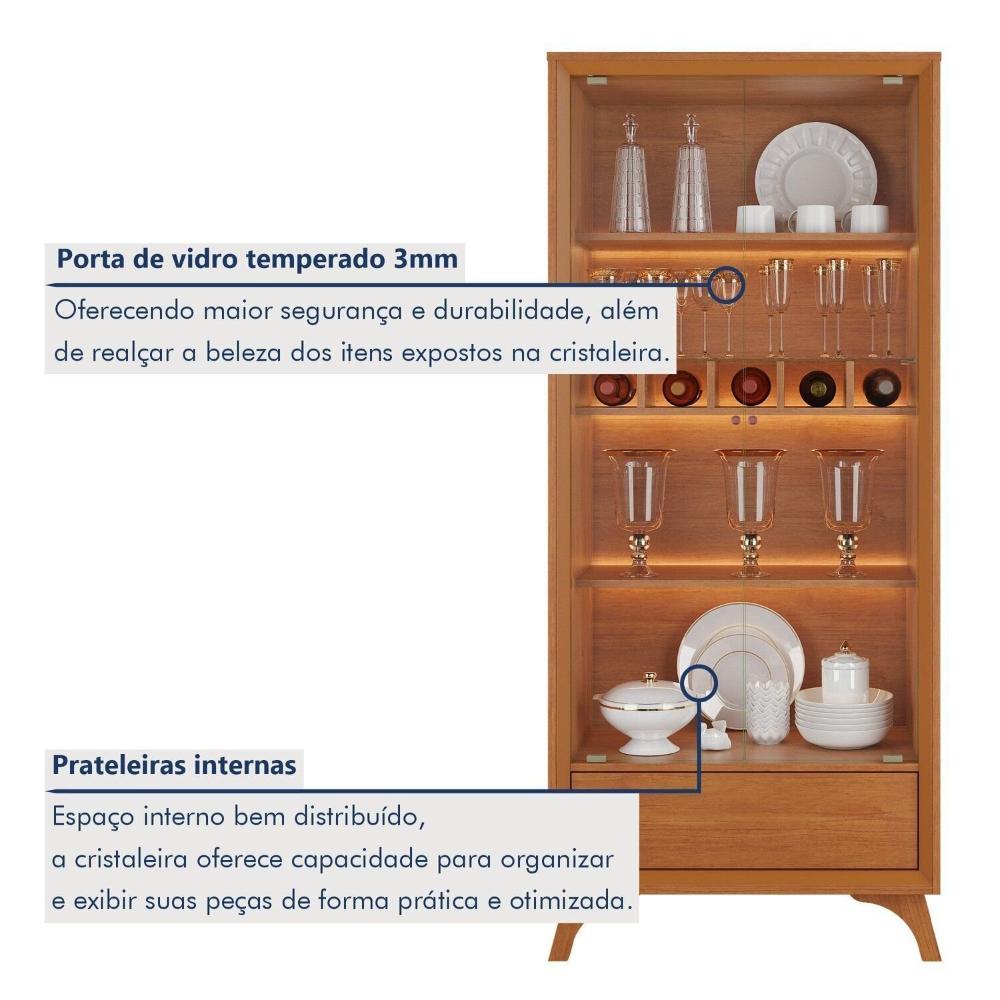 Cristaleira com Adega e Iluminação Led com Pés em Madeira Maciça e 1 Gaveta Prime Naturalle