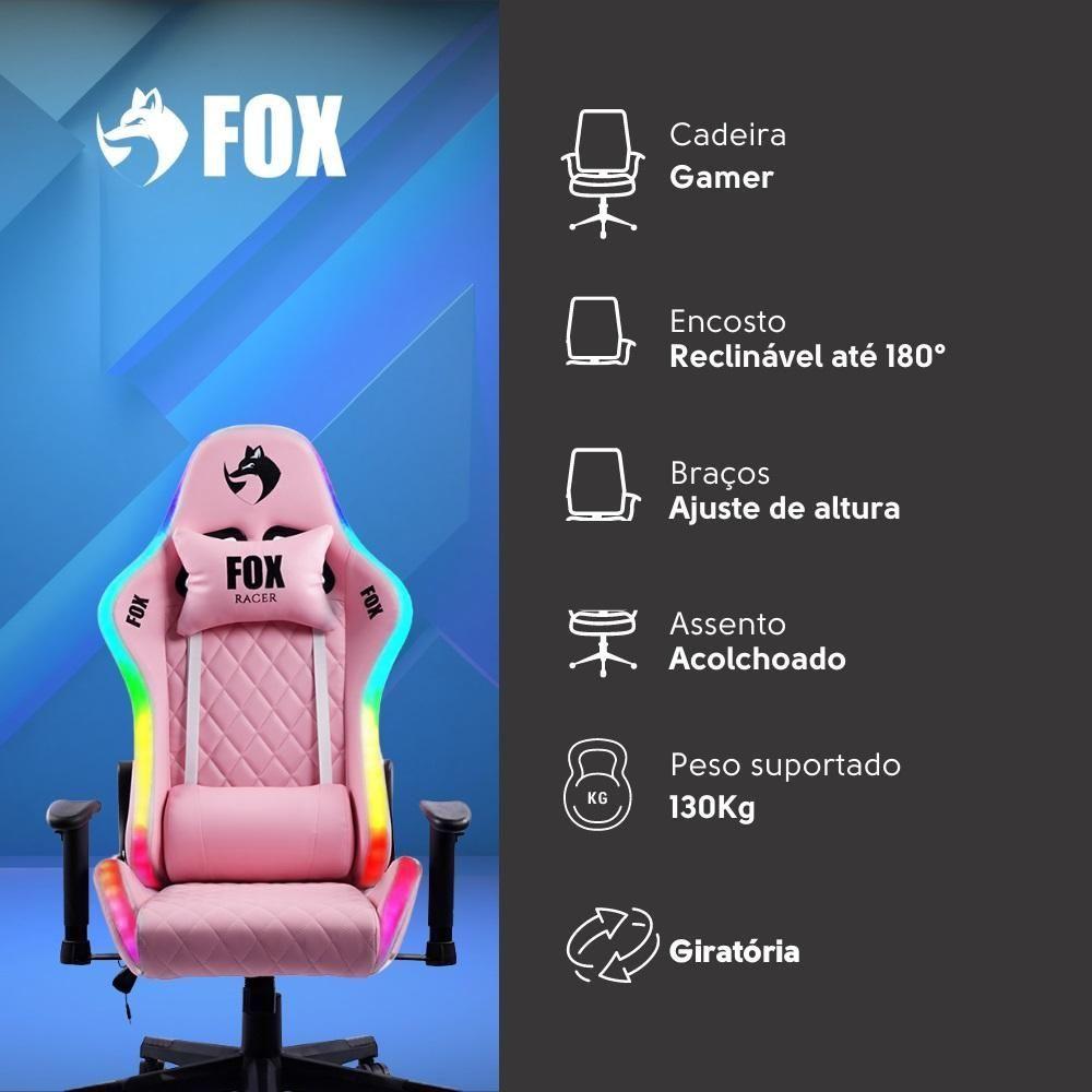 Cadeira Gamer Fox Racer Rgb Com Iluminação Led Rosa Ut-c1583l