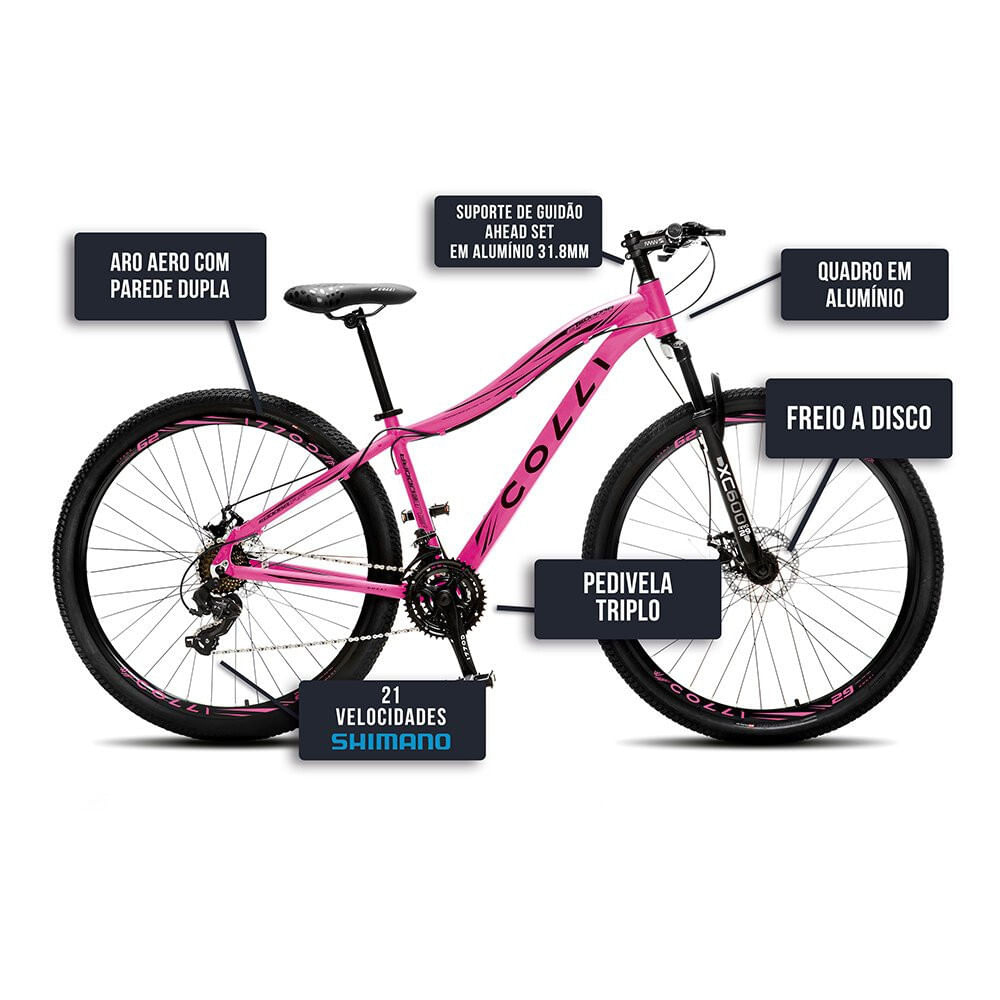 Miniatura Bicicleta Colli Eudora Aro 29 Aero Freio a Disco Quadro 15,5 Rosa