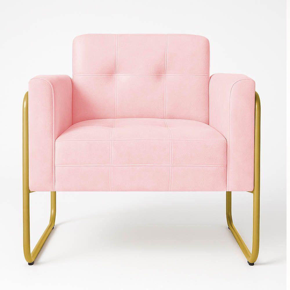 Miniatura Poltrona Sala Industrial Alta Tubo Dourado Elisa Suede Rosa Bebê D03 - D'rossi