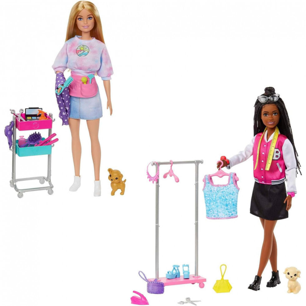 Miniatura Boneca Barbie Estilista com 14 Acessórios Incluindo Bolsas e Cachorrinho, Rosa