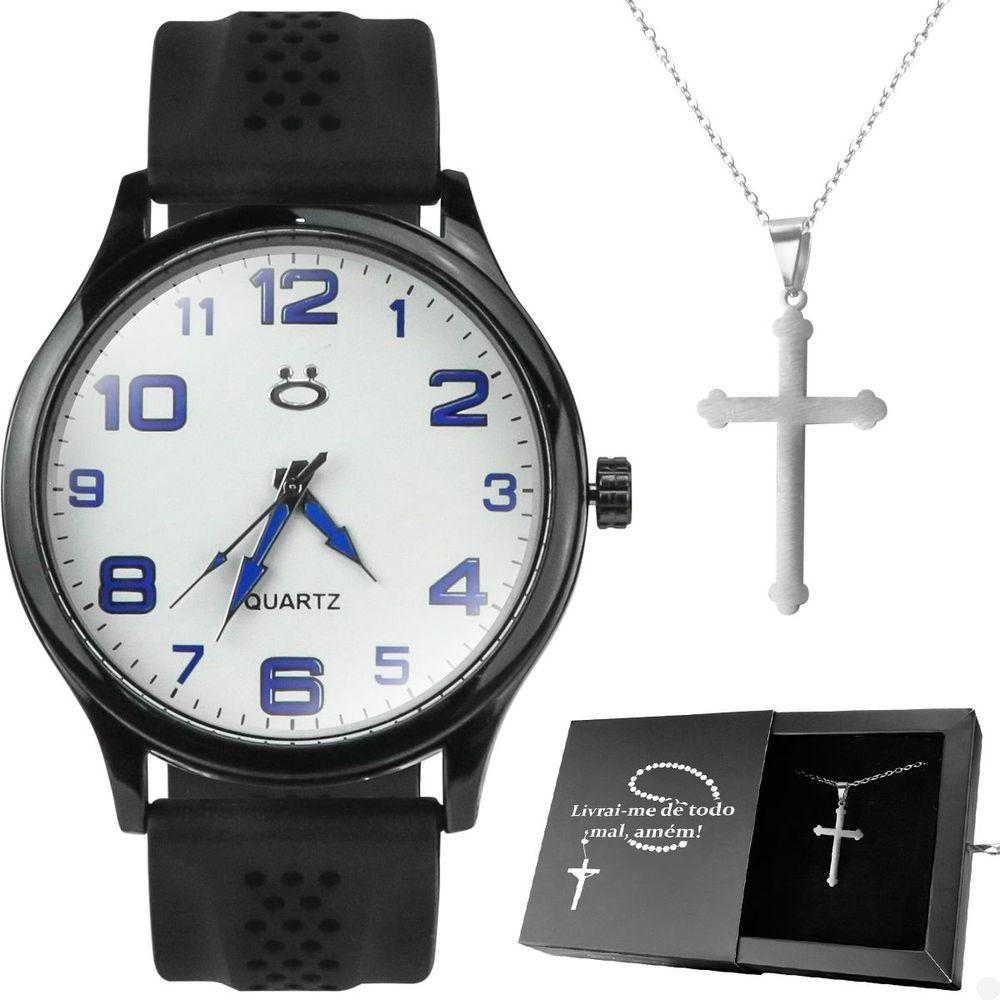 Miniatura Relogio Masculino Aco Preto + Cordao Crucifixo Robusto Preto