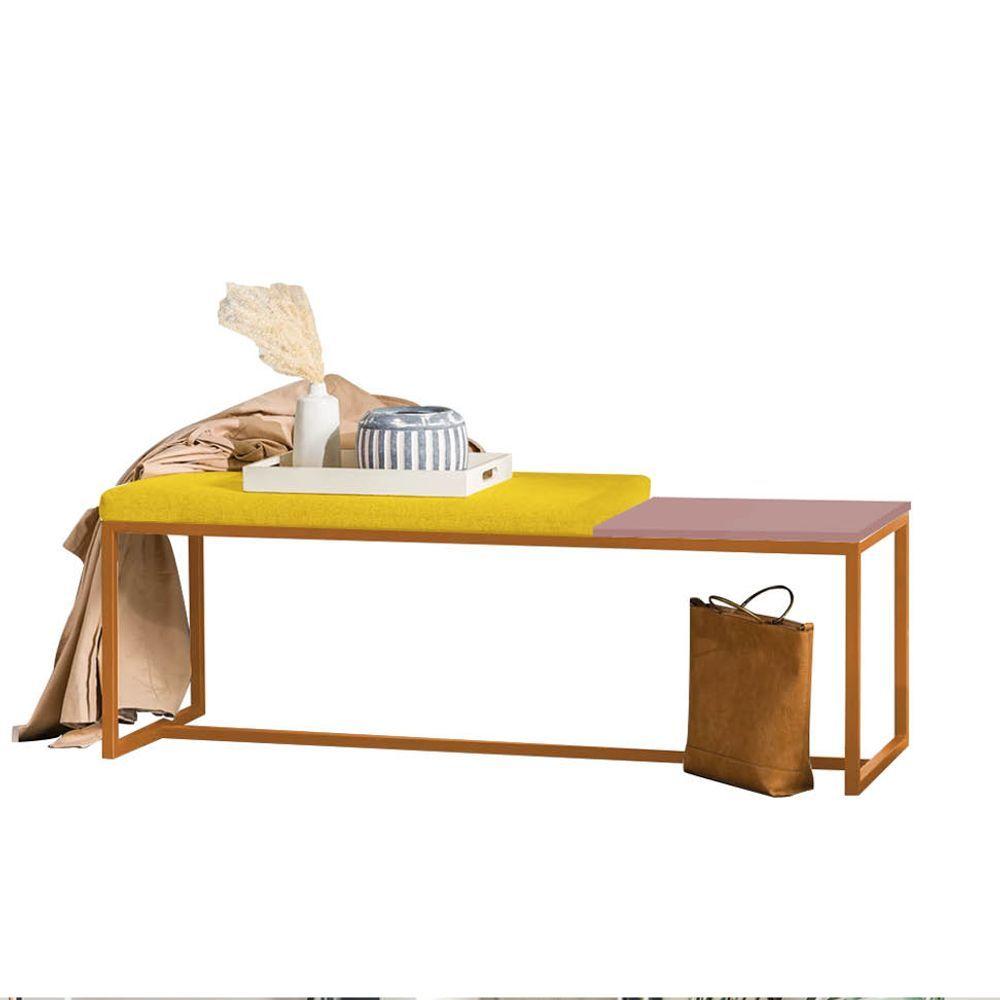 Miniatura Banco Recamier Puff 160cm Industrial Bronze Sintético Amarelo Tampo Quadrado Mdf Rose