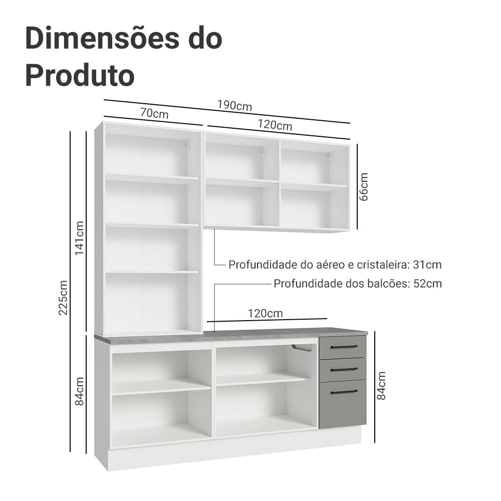 Miniatura Armário de Cozinha Compacta 190cm com Cristaleira Branco/Cinza Agata Madesa 01 Branco/Cinza