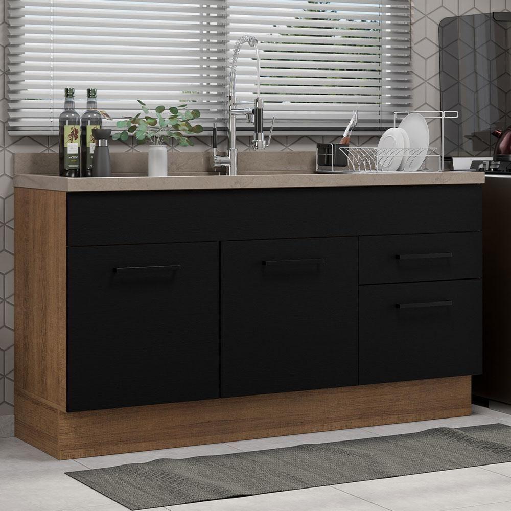 Miniatura Balcão Gabinete De Pia Madesa Agata 150 Cm 2 Portas E 2 Gavetas (sem Tampo E Pia) - Rustic/preto Rustic/preto