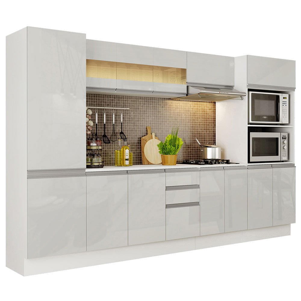 Miniatura Cozinha Completa 100% MDF Madesa Smart 300 cm Modulada Com Armário, Balcão e Tampo Frentes Branco Brilho Cor:Branco